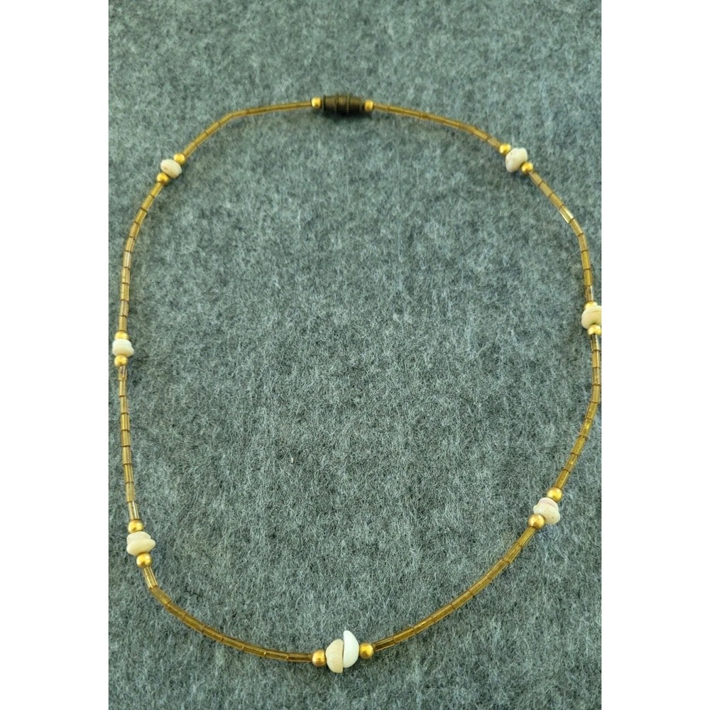 Brown Tube Bead White Chip Necklace Gold Tone Accents 16in Boho Choker